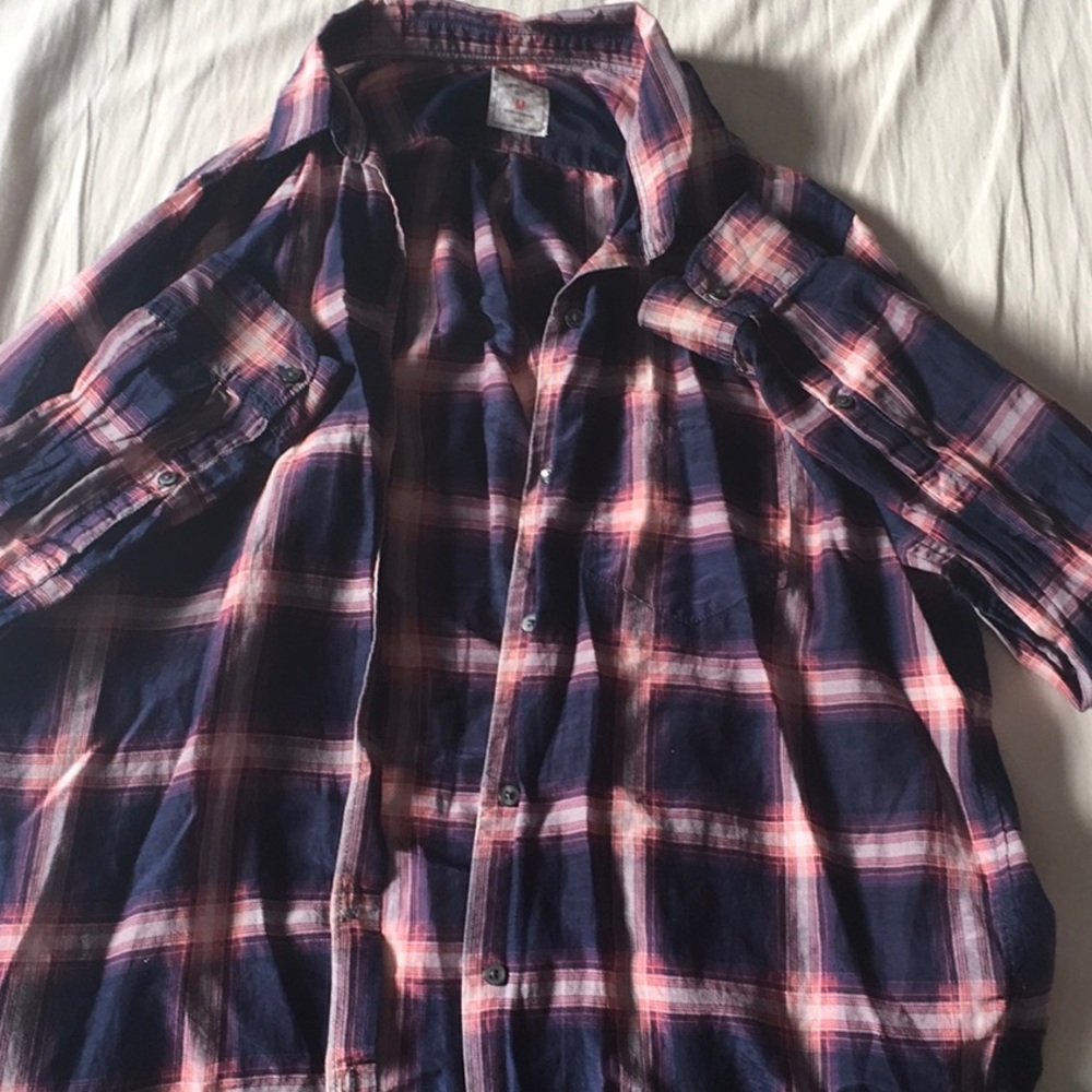 Purple, pink, and white boyfriend style flannel